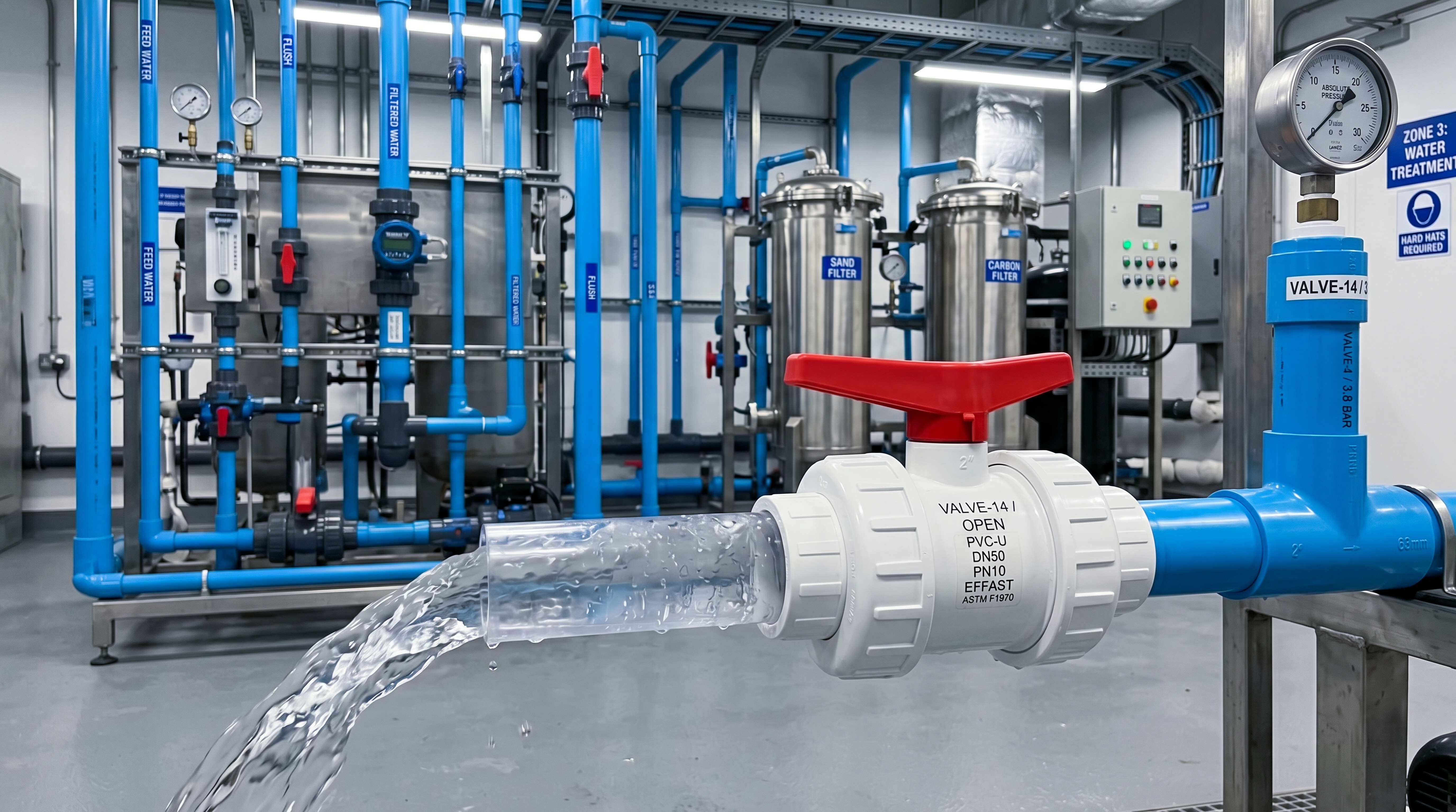 PVC ball valve installed in a water treatment system for filtered water flow control and low pressure fluid handling